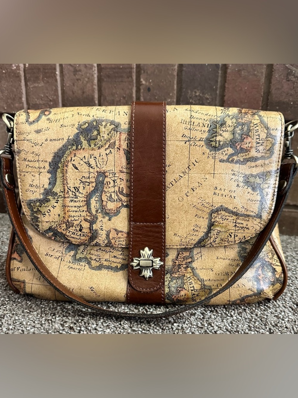 Patricia Nash Signature Vintage Italian European Map Leather Shoulder Bag Purse